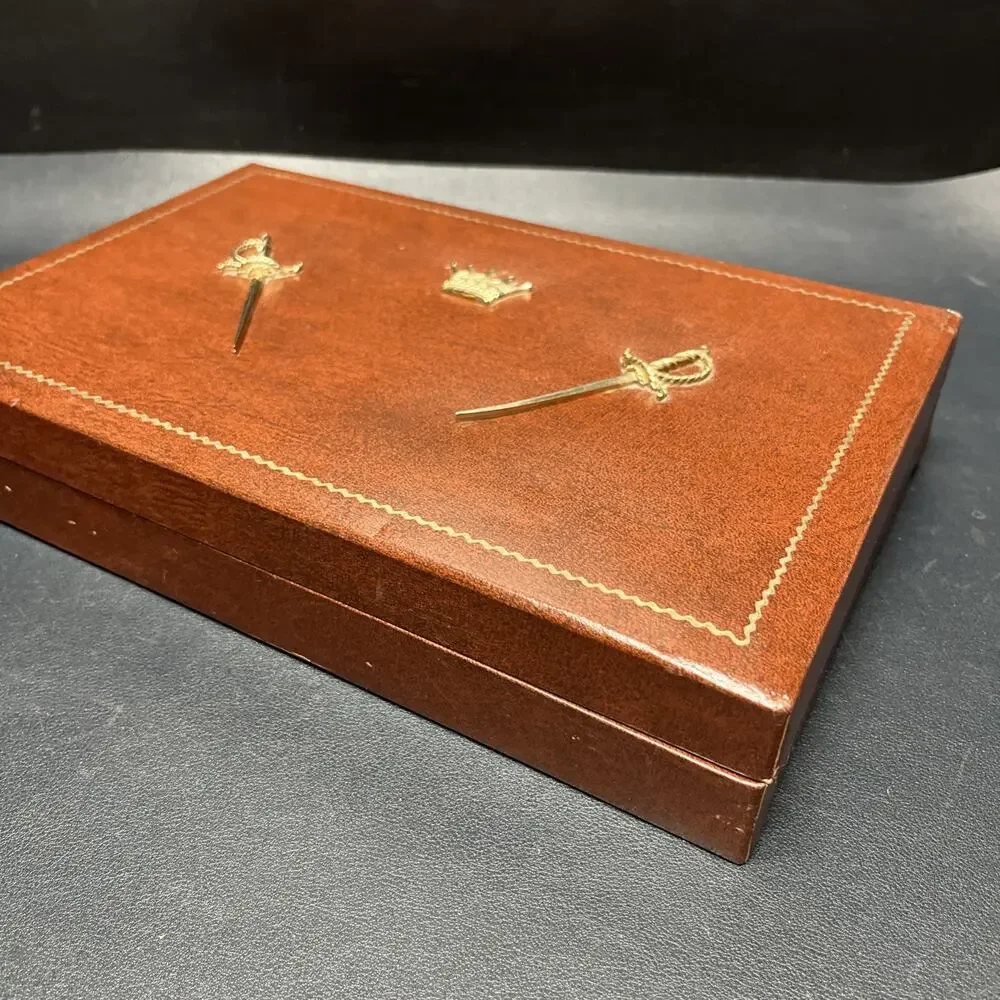 Vintage Dante Mens Jewelry Box Valet Box Faux Brown Leather, Swords & Crown